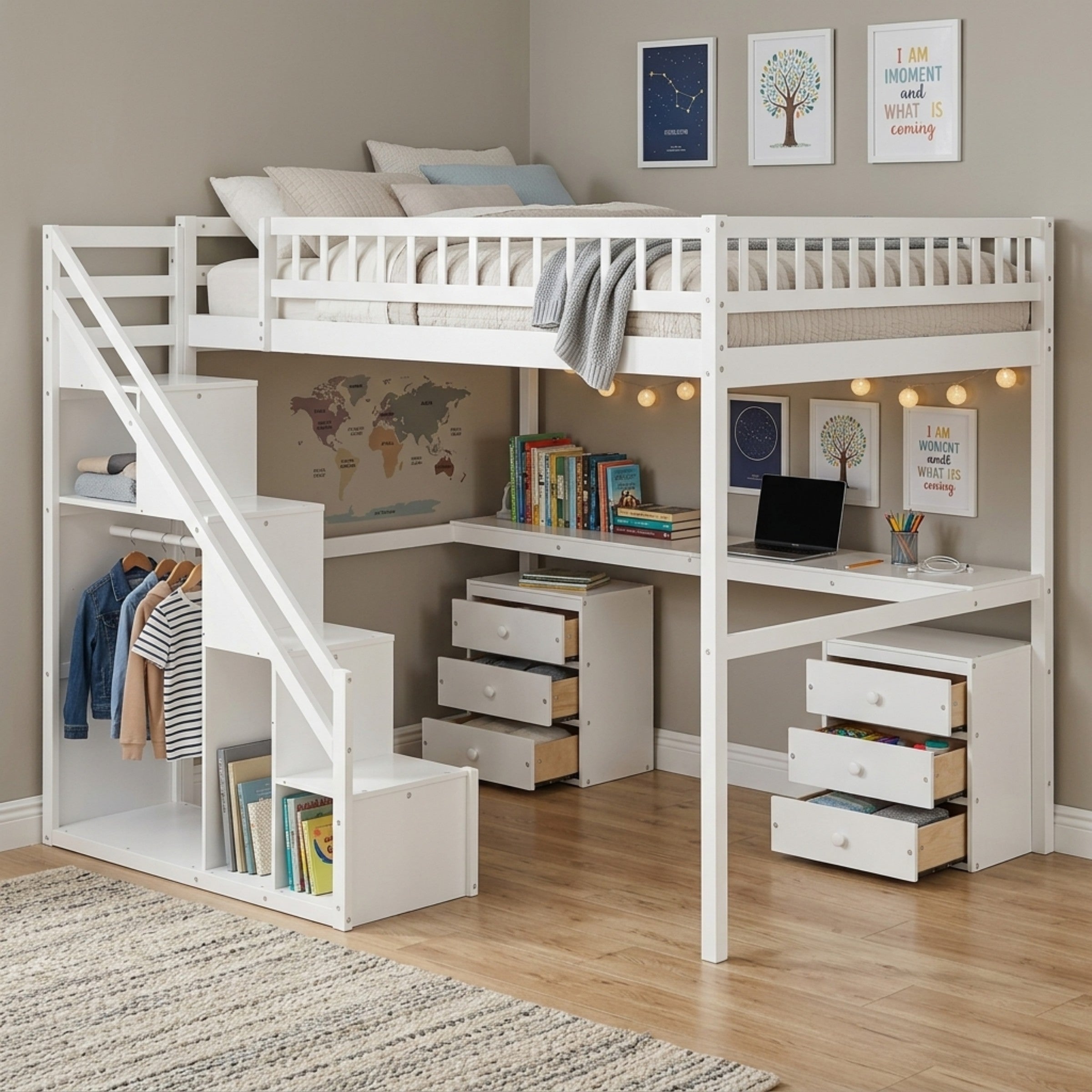 Polibi LED Loft Bed with Desk, Drawers and Staircase Storage, Full, White