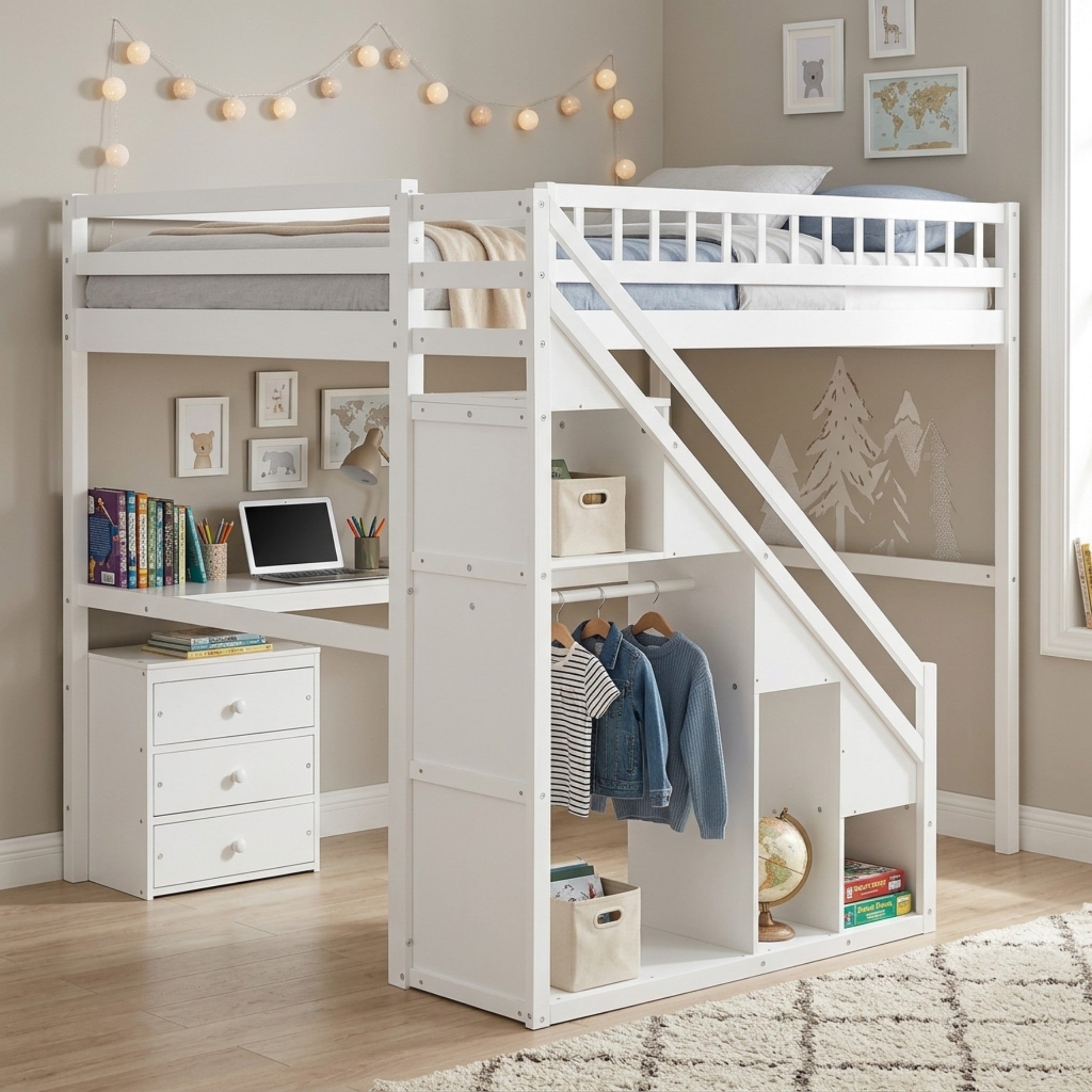 Polibi LED Loft Bed with Desk, Drawers and Staircase Storage, Full, White