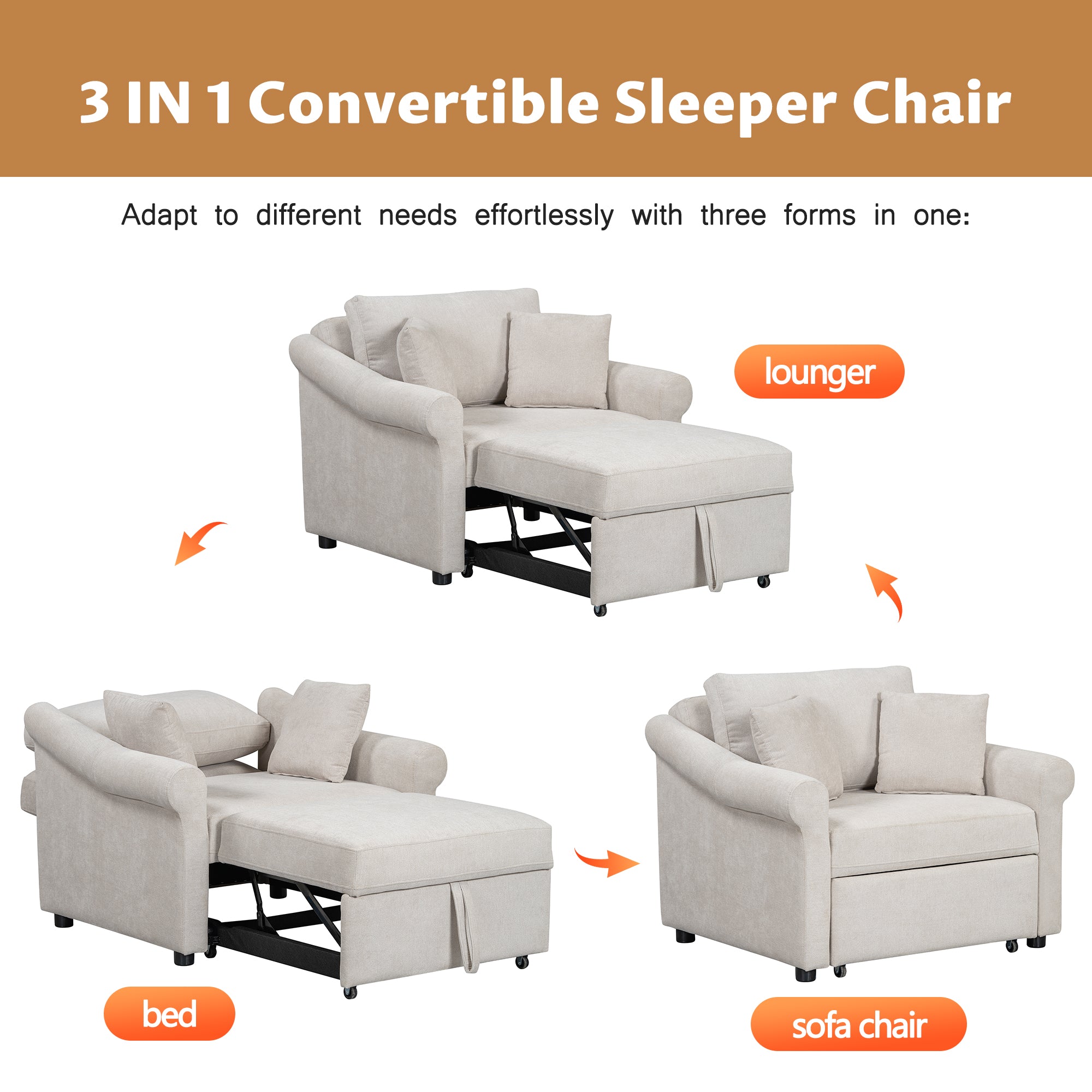 Polibi Chenille Convertible Sleeper Chair with Adjustable Backrest, Beige