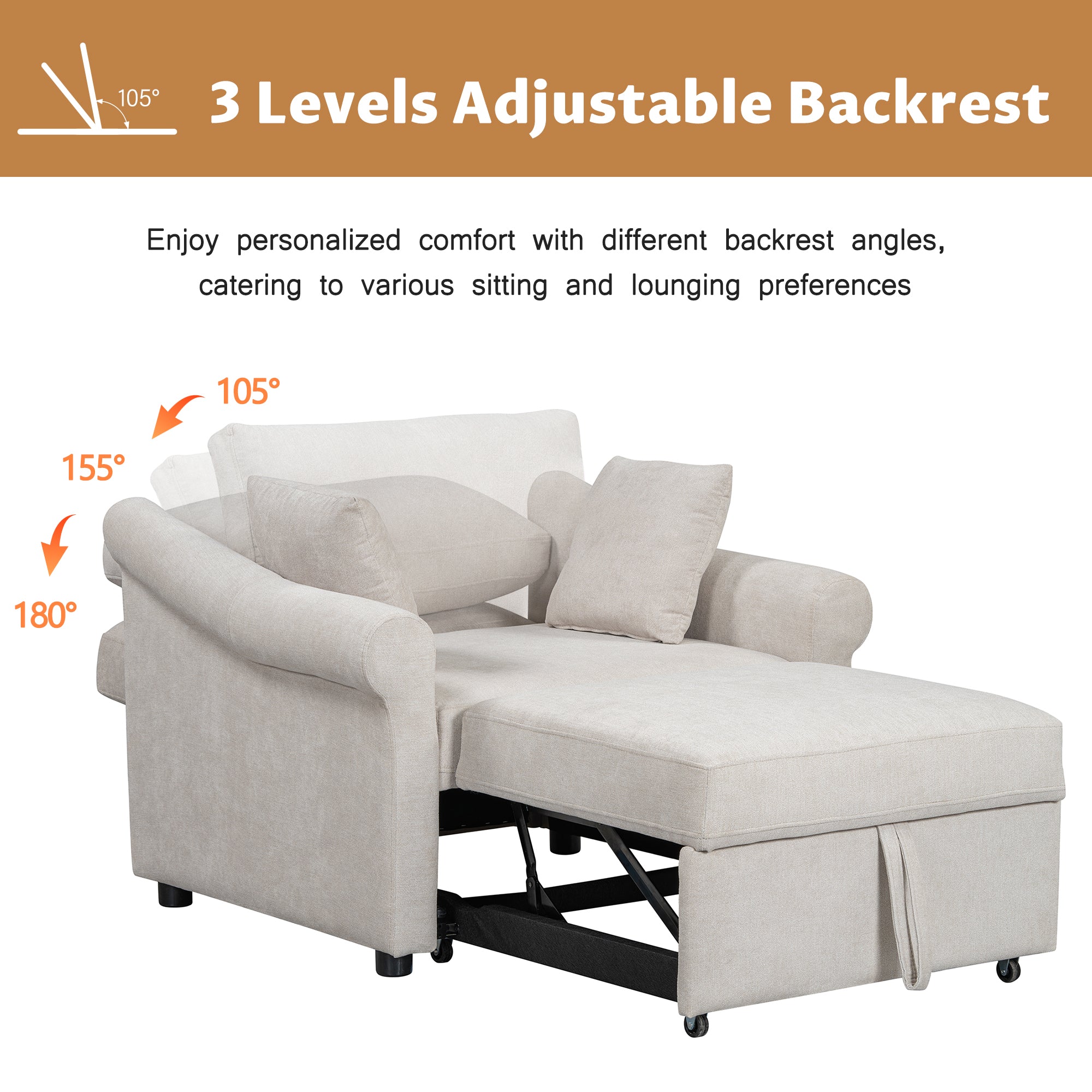 Polibi Chenille Convertible Sleeper Chair with Adjustable Backrest, Beige