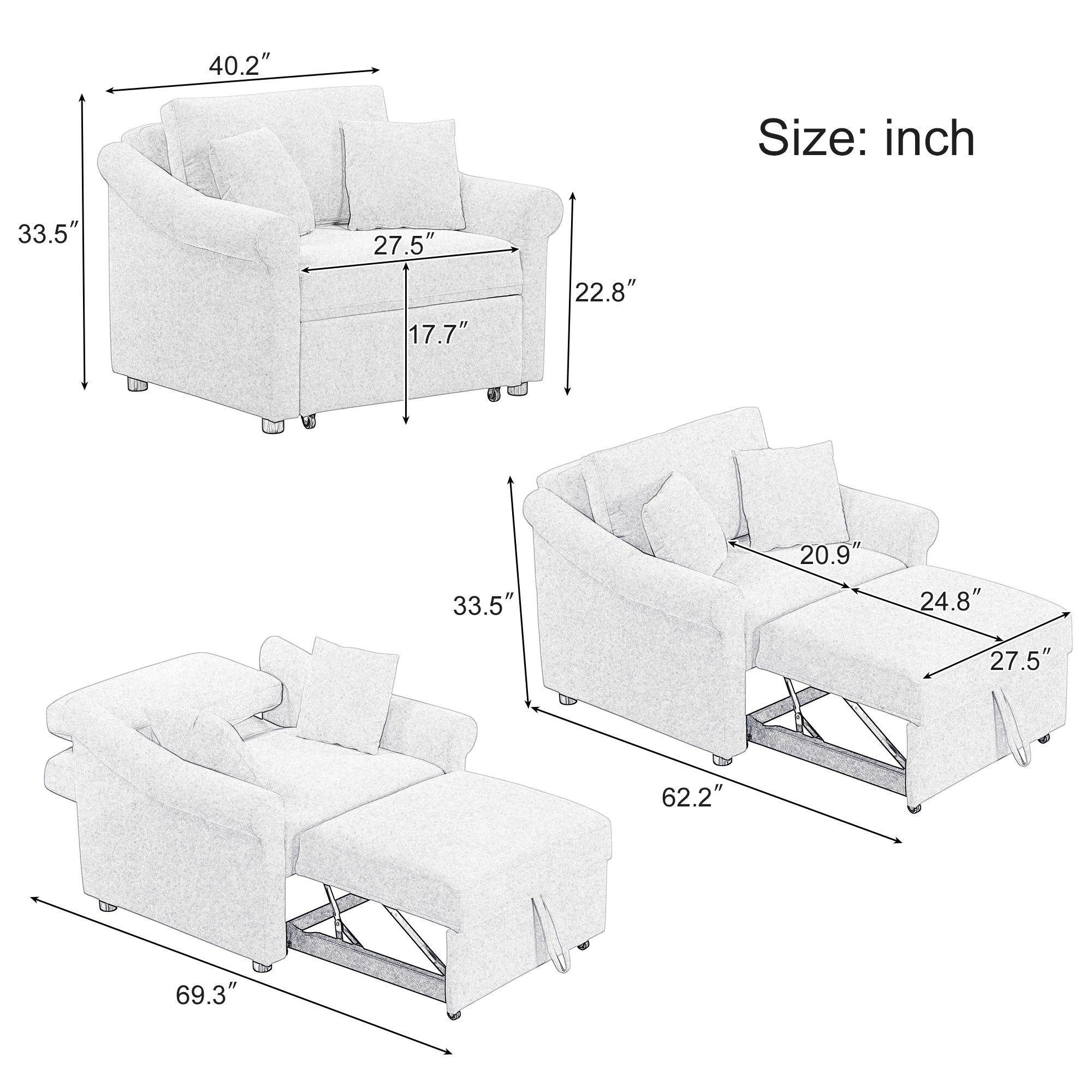 Polibi Chenille Convertible Sleeper Chair with Adjustable Backrest, Beige