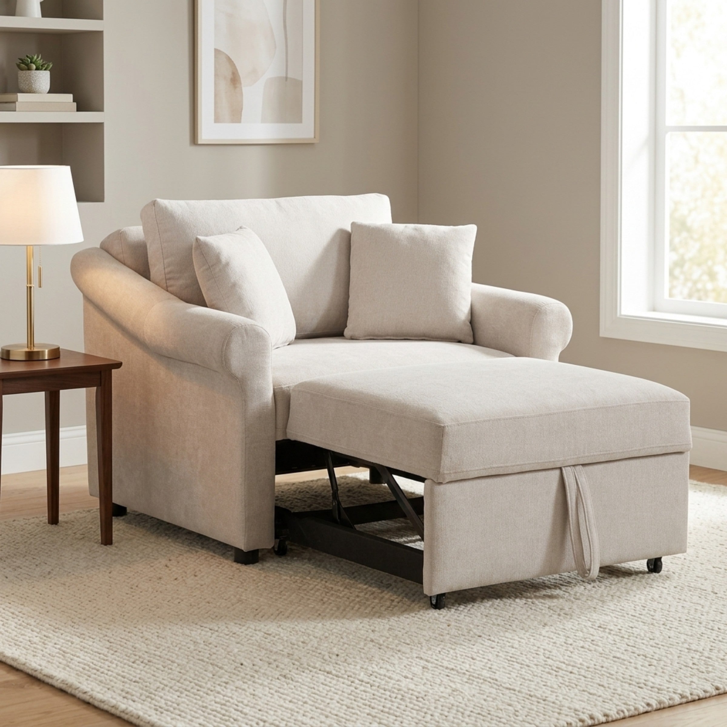 Polibi Chenille Convertible Sleeper Chair with Adjustable Backrest, Beige