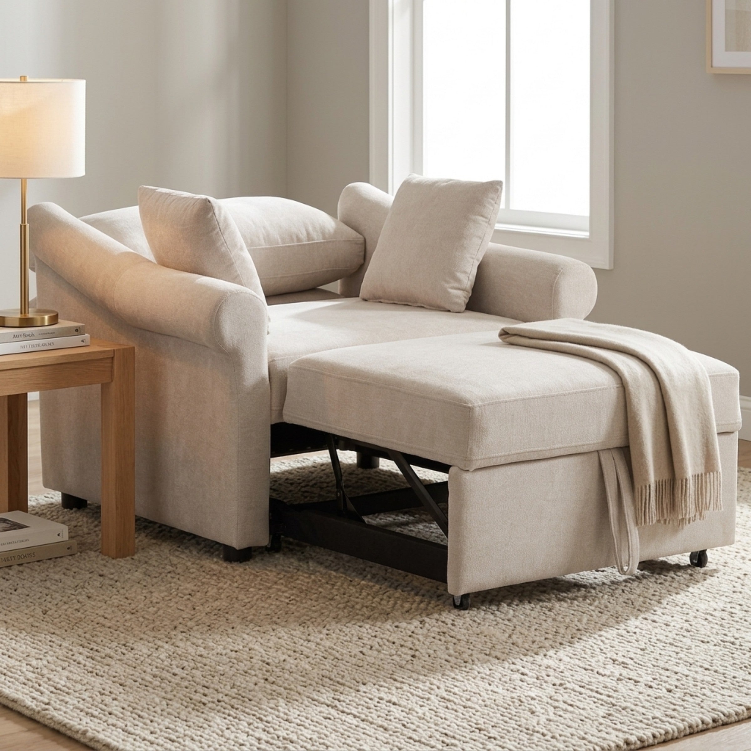 Polibi Chenille Convertible Sleeper Chair with Adjustable Backrest, Beige