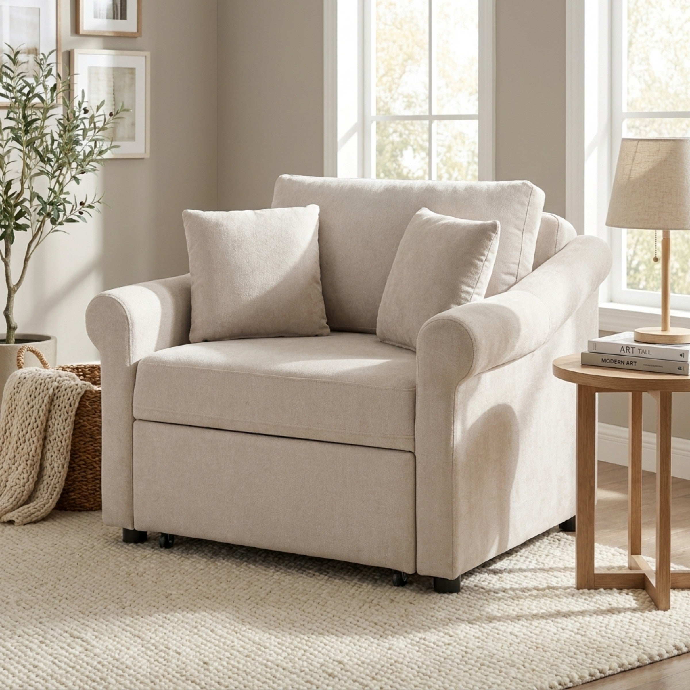 Polibi Chenille Convertible Sleeper Chair with Adjustable Backrest, Beige
