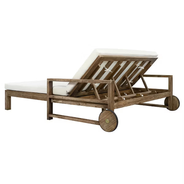 Polibi 2-Person Farmhouse Acacia Wood Outdoor Sunbed with Wheels, Beige