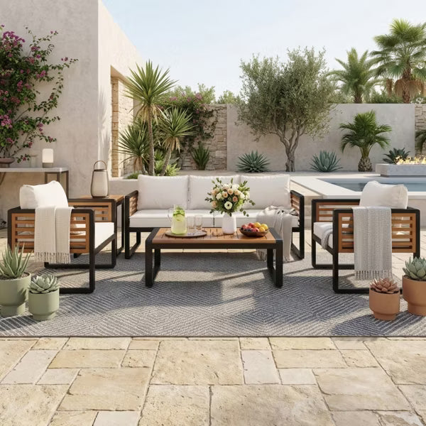Polibi 4-Piece Outdoor Patio Conversation Set with Removable Cushions, Black & Beige