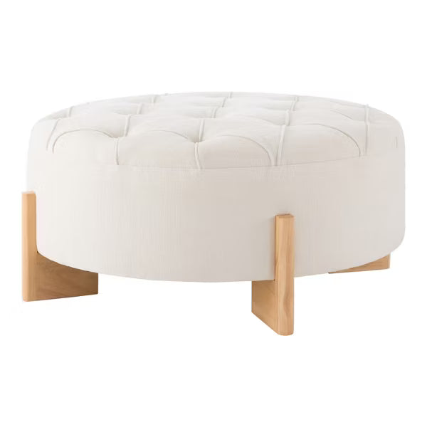 Polibi 32" Round Tufted Chenille Ottoman, Beige