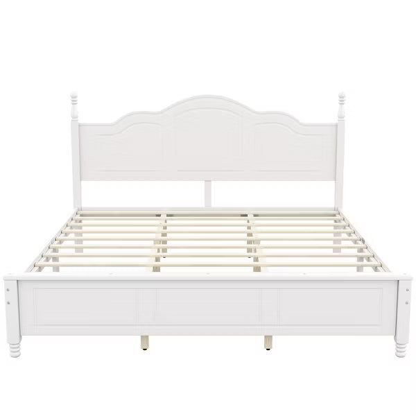 Polibi Retro-Style Wood Platform Bed Frame with Wooden Slat Support, King, White