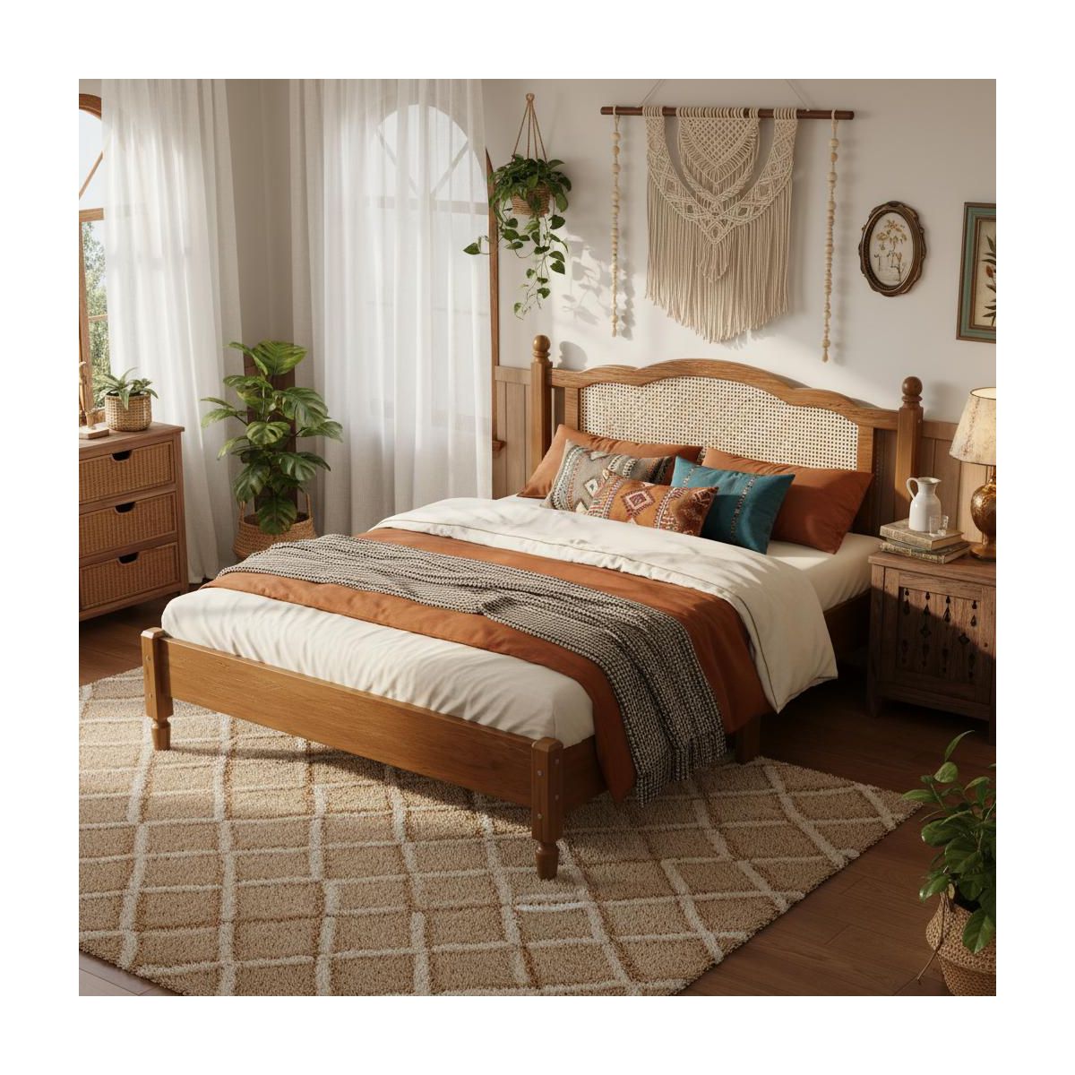 Polibi Vintage Rattan Arch Wood Platform Bed
