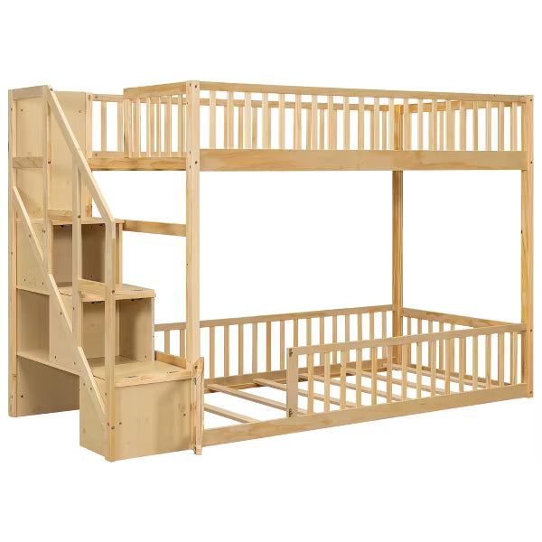 Polibi Low Bunk Bed with Fence-Style Rails and Built-In Storage Staircase