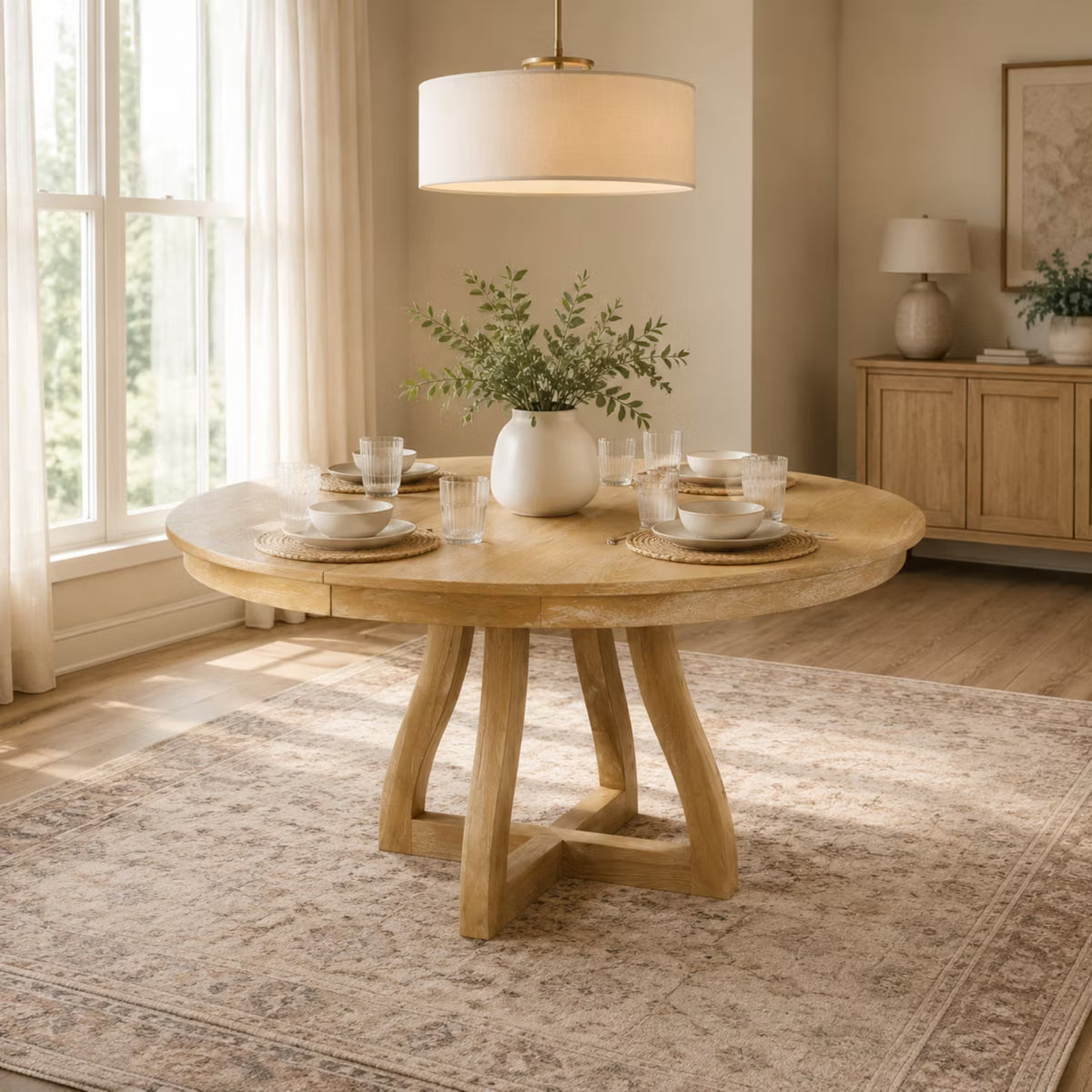 Polibi Extendable Dining Table with X-Shaped Sculptural Base & Curved Leg Stability Design, Natural Wood Wash