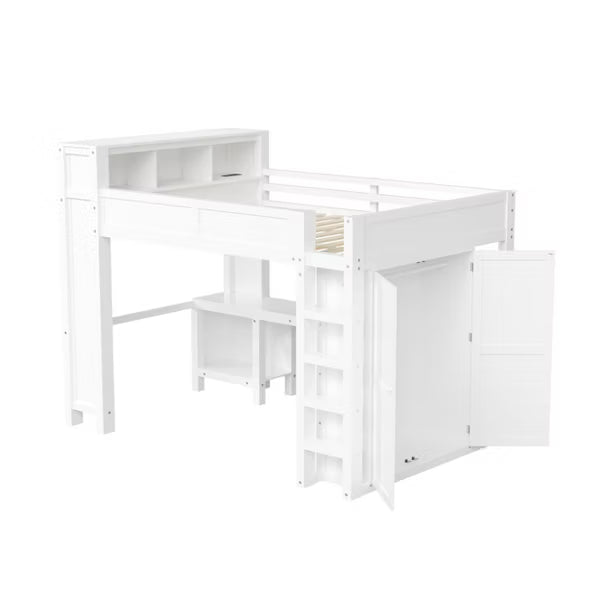 Polibi Queen Loft Bed with Built-in Wardrobe, Desk, USB Charging Headboard