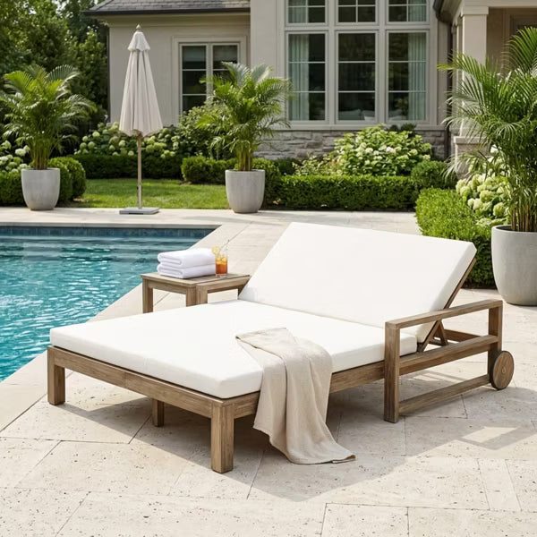 Polibi 2-Person Farmhouse Acacia Wood Outdoor Sunbed with Wheels, Beige