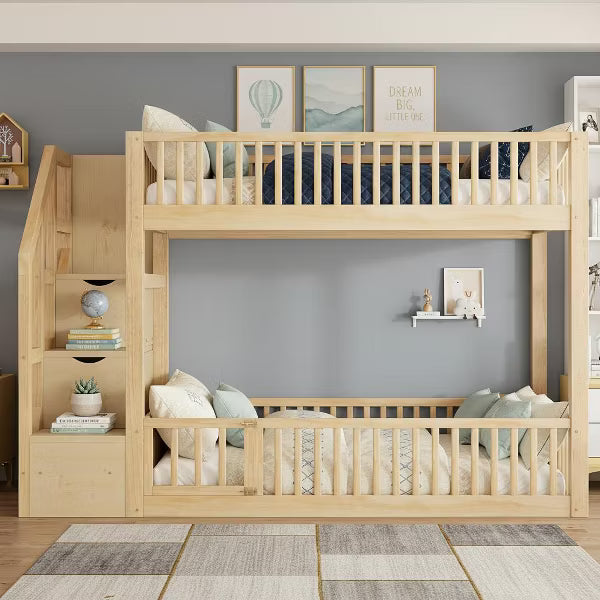 Polibi Low Bunk Bed with Fence-Style Rails and Built-In Storage Staircase