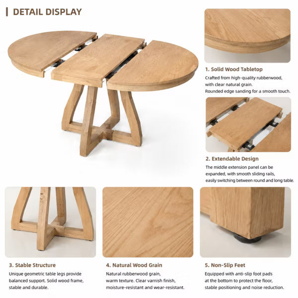 Polibi Extendable Dining Table with X-Shaped Sculptural Base & Curved Leg Stability Design, Natural Wood Wash