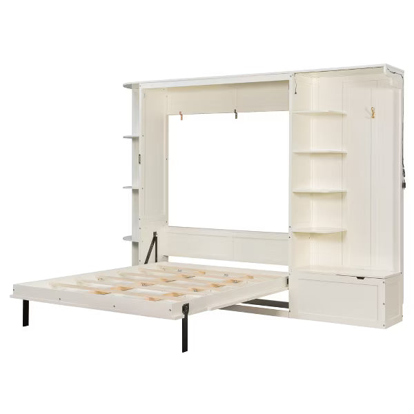 Polibi Queen Wall Bed with Side Bookshelves, Hidden Storage Chest, Reading Lights & Shelf LED Strip