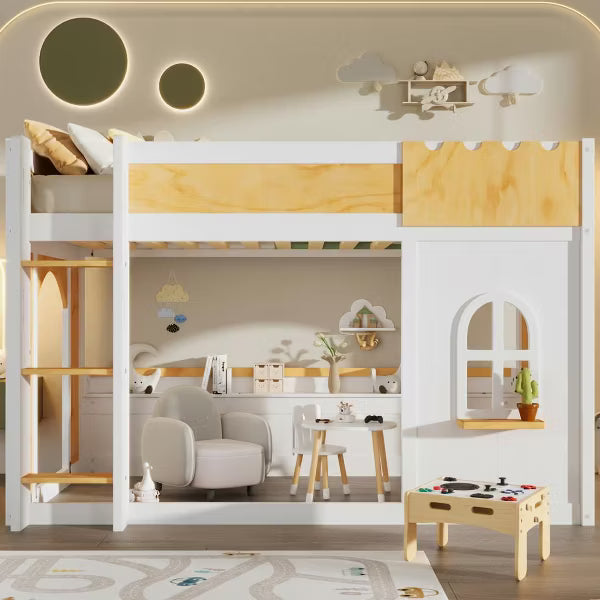 Polibi Kids Castle Loft Bunk Bed with Windows, Convertible Lower Play or Sleep Space, Twin