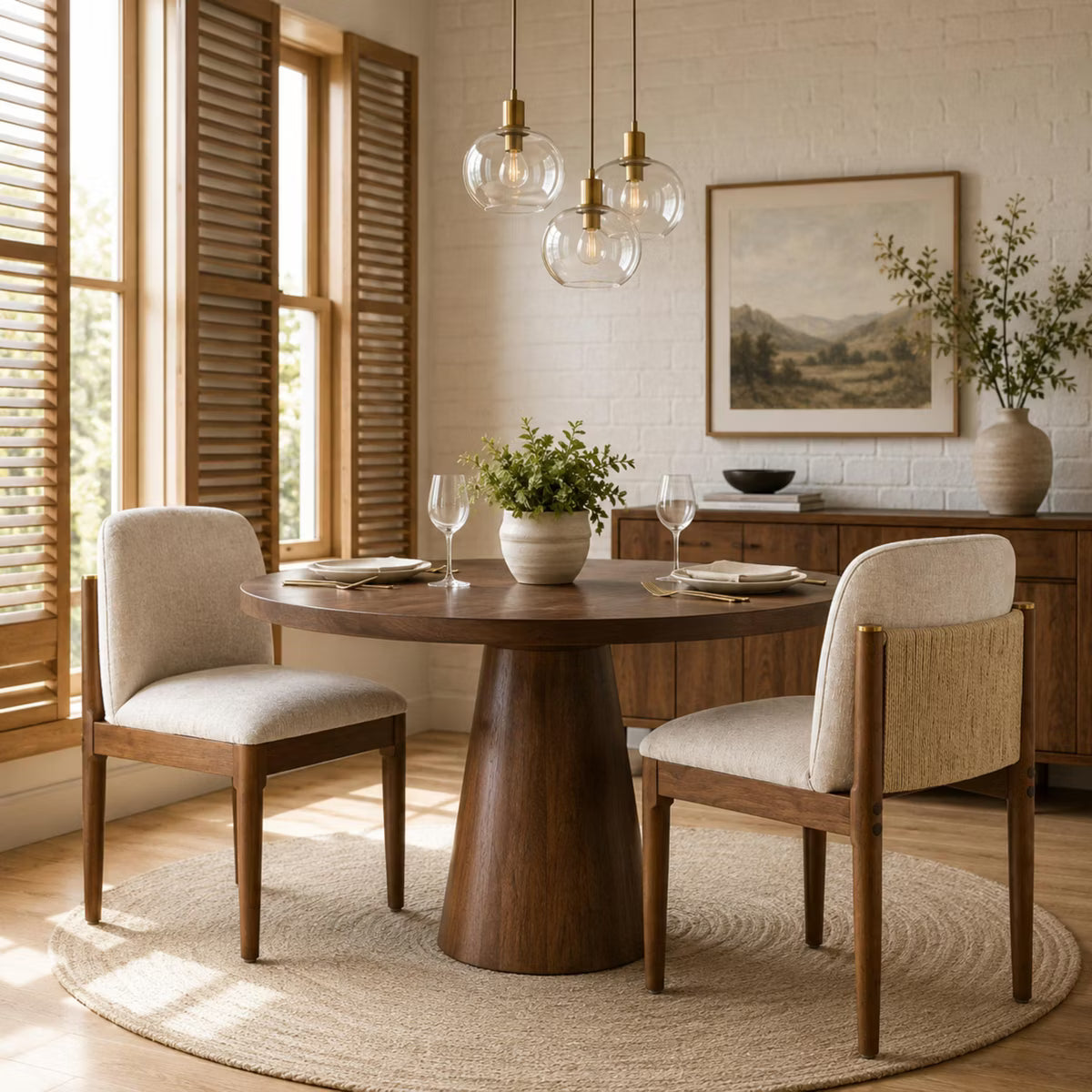 Polibi Modern Dining Chairs Set of 2, Woven Rope Backrest, Solid Wood Legs for Dining Room, Walnut