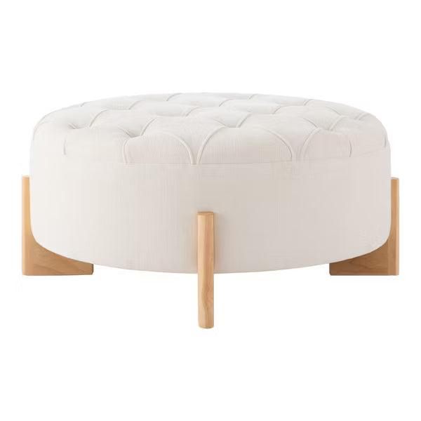 Polibi 32" Round Tufted Chenille Ottoman, Beige