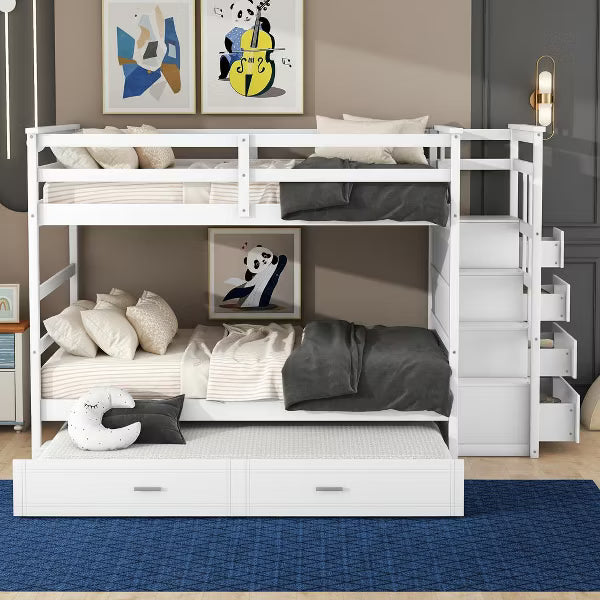 Polibi Full Over Full Bunk Bed with Pull-Out Twin Trundle, Storage Staircase & Safety Guardrails, White