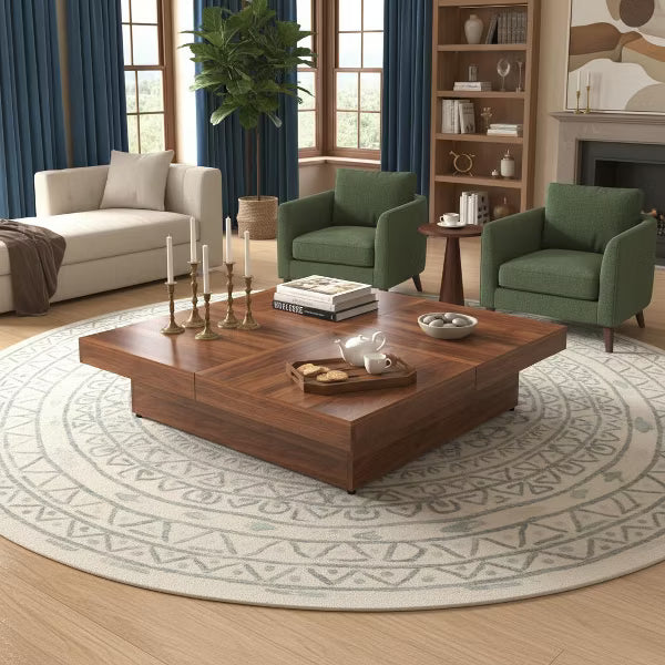 Polibi Hidden Storage Square Coffee Table, Walnut