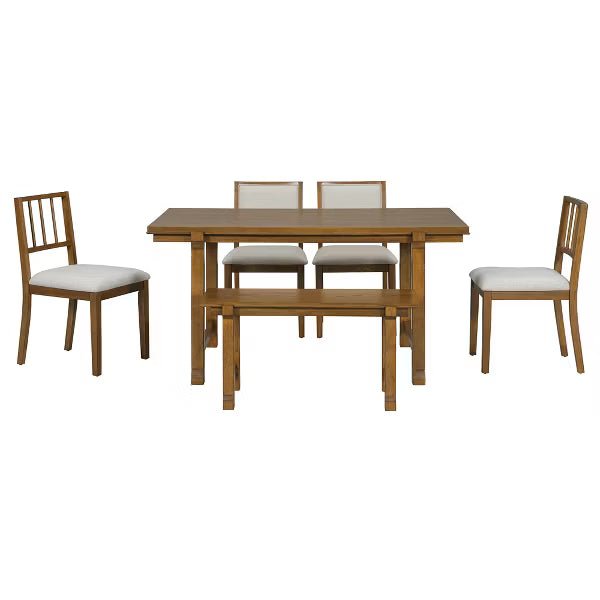 Polibi 6-Piece Dining Set with Oak Veneer Table, Walnut & Beige