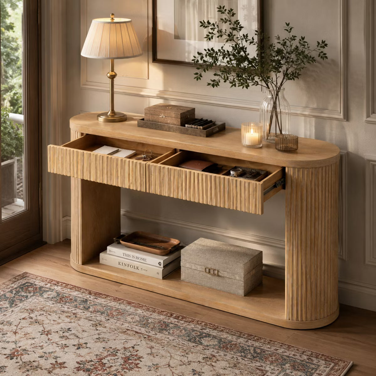 Polibi Modern Rustic Oval Fluted Console Table with 2 Drawers & Open Storage Shelf, Natural