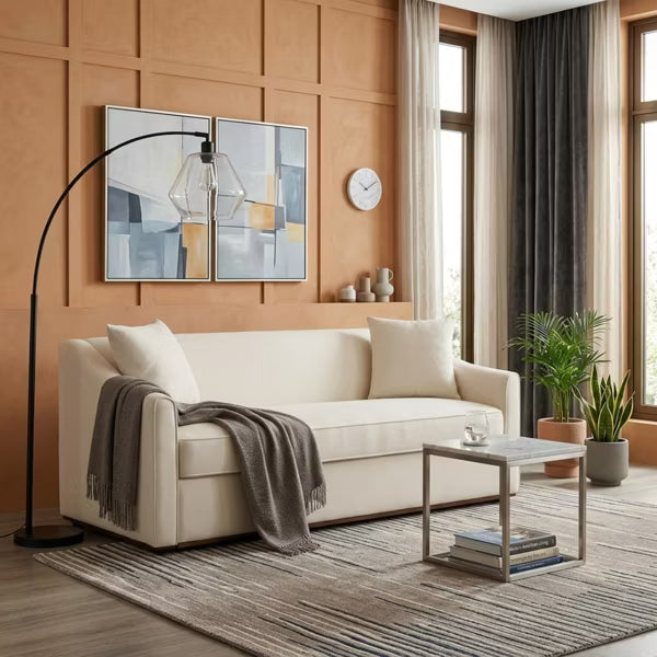 Polibi Modern Chenille 3-Seater Sofa with 2 Throw Pillows and Rubberwood Base, Beige