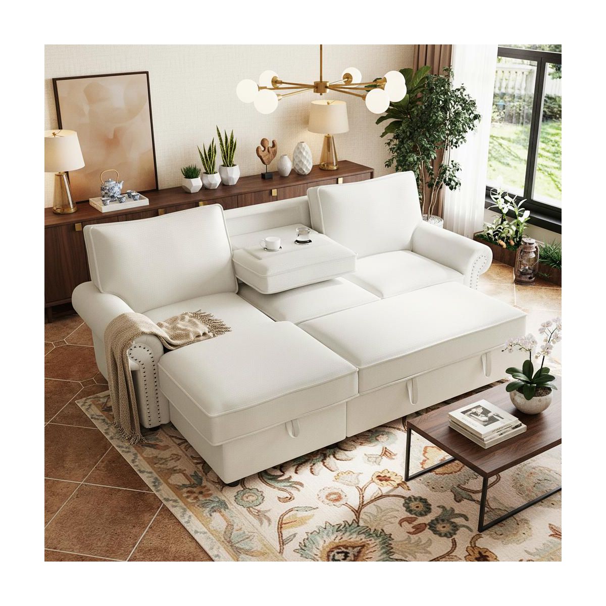 Polibi Reversible Storage Chaise Sleeper Sectional Sofa with Pull-Out Bed & Cup Holder Console, Beige