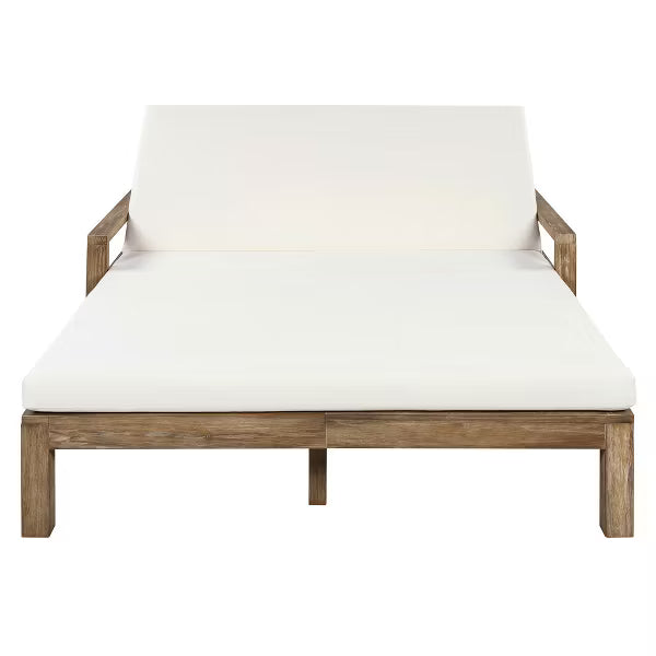 Polibi 2-Person Farmhouse Acacia Wood Outdoor Sunbed with Wheels, Beige