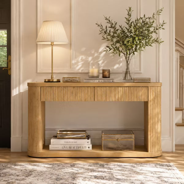 Polibi Modern Rustic Oval Fluted Console Table with 2 Drawers & Open Storage Shelf, Natural