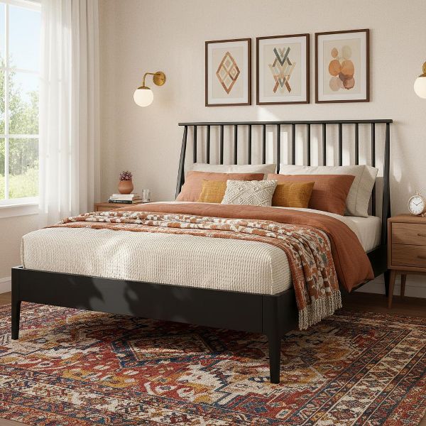 Polibi Boho Platform Bed Frame with Tall Slanted Headboard & Metal Support, King, Black