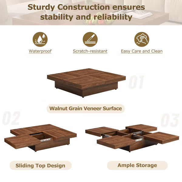 Polibi Hidden Storage Square Coffee Table, Walnut