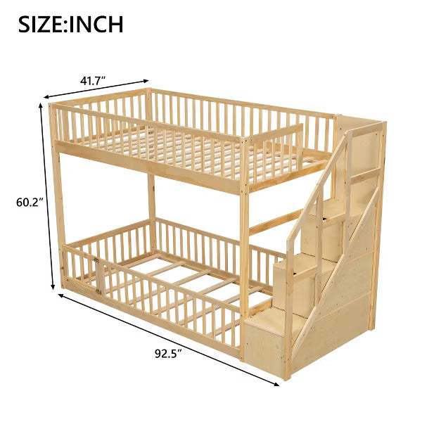 Polibi Low Bunk Bed with Fence-Style Rails and Built-In Storage Staircase