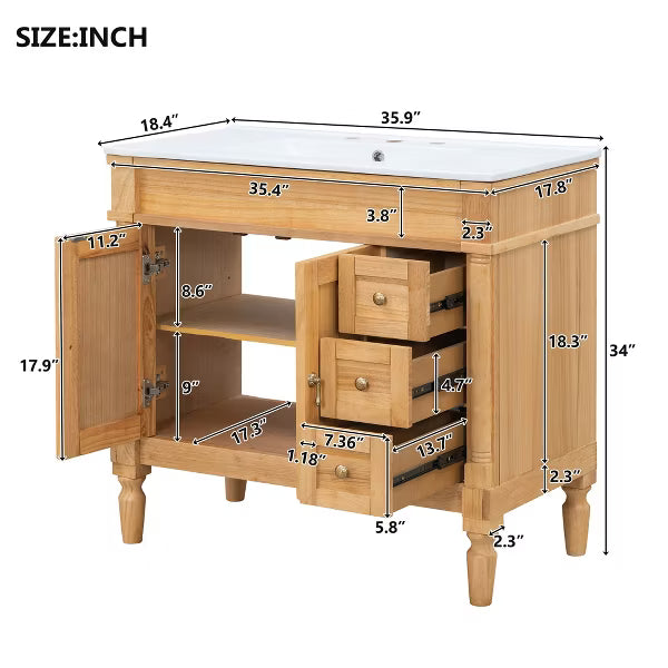 Polibi 36" Bathroom Vanity with Ceramic Sink, Soft Close Doors, Adjustable Shelves for Bathroom, Wood