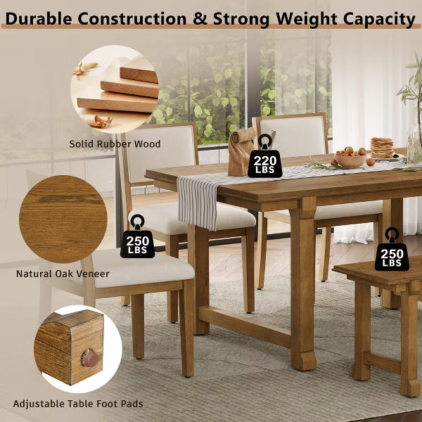 Polibi 6-Piece Dining Set with Oak Veneer Table, Walnut & Beige