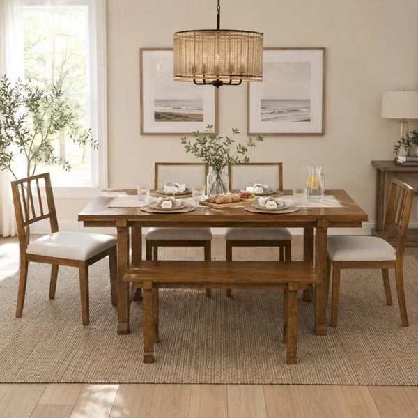Polibi 6-Piece Dining Set with Oak Veneer Table, Walnut & Beige