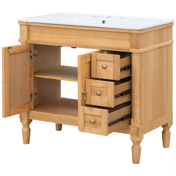 Polibi 36" Bathroom Vanity with Ceramic Sink, Soft Close Doors, Adjustable Shelves for Bathroom, Wood
