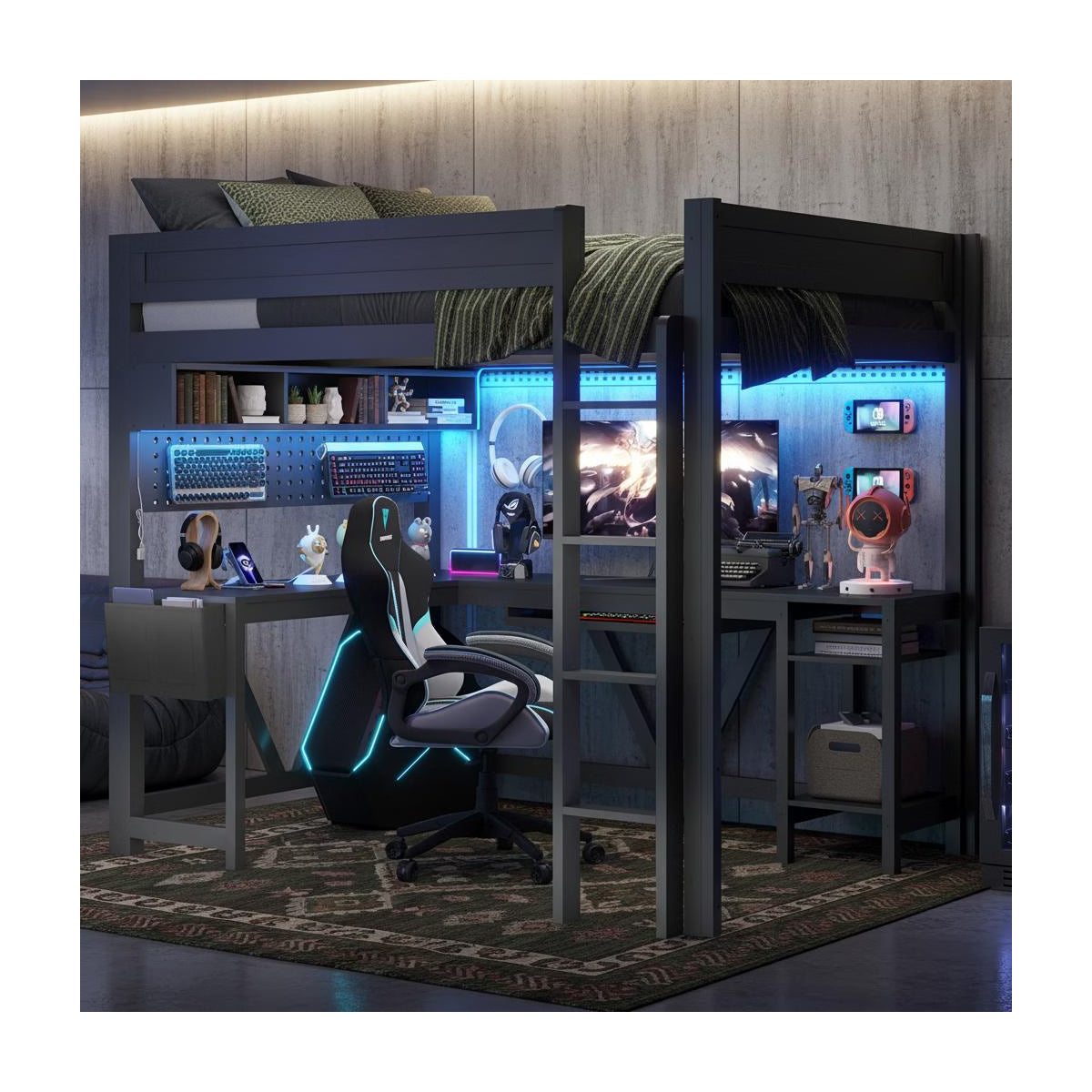 Polibi Full Size Gaming Loft Bed with Desk, Shelves, Outlets, USB Ports and 7-Color LED Light Strip
