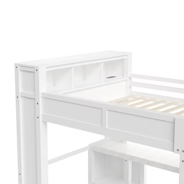 Polibi Queen Loft Bed with Built-in Wardrobe, Desk, USB Charging Headboard