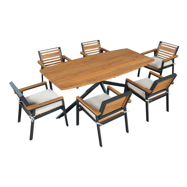 Polibi 7-Piece Acacia Wood Outdoor Dining Set with 74.8" Slatted Table & 6 Cushioned Armchairs, Beige