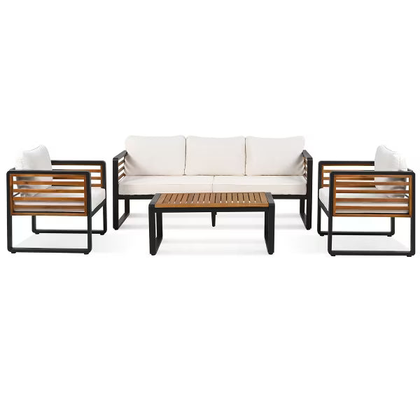 Polibi 4-Piece Outdoor Patio Conversation Set with Removable Cushions, Black & Beige