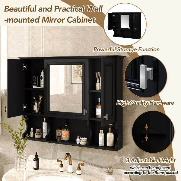 Polibi Modern Wall Mounted Bathroom Medicine Cabinet with Mirror, Open Shelves, Black