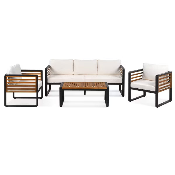 Polibi 4-Piece Outdoor Patio Conversation Set with Removable Cushions, Black & Beige