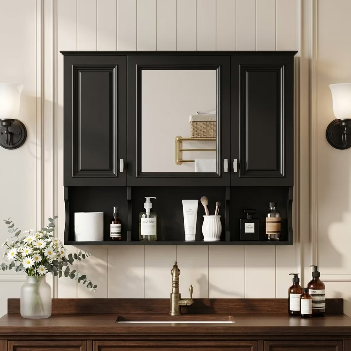 Polibi Modern Wall Mounted Bathroom Medicine Cabinet with Mirror, Open Shelves, Black