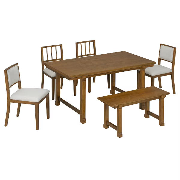 Polibi 6-Piece Dining Set with Oak Veneer Table, Walnut & Beige