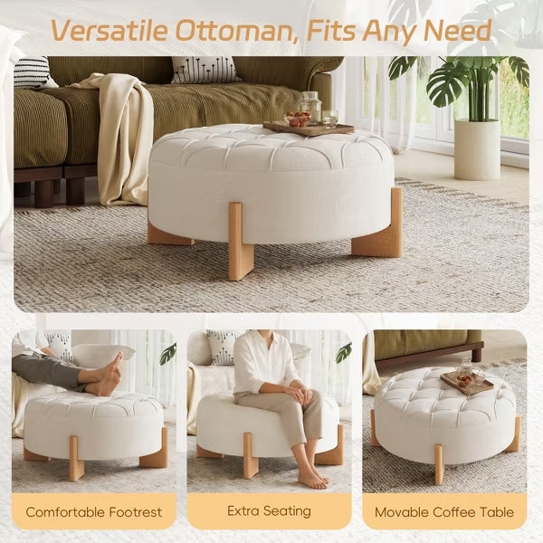 Polibi 32" Round Tufted Chenille Ottoman, Beige