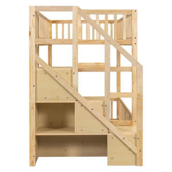 Polibi Low Bunk Bed with Fence-Style Rails and Built-In Storage Staircase