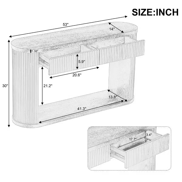 Polibi Modern Rustic Oval Fluted Console Table with 2 Drawers & Open Storage Shelf, Natural