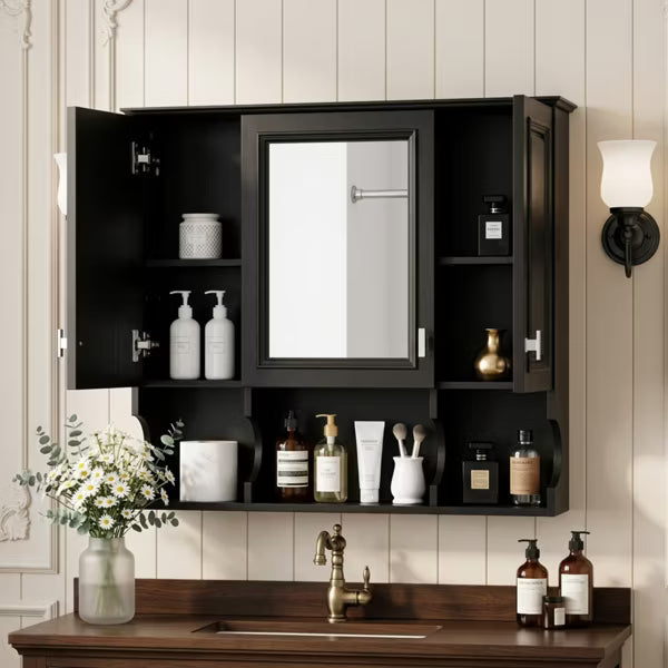 Polibi Modern Wall Mounted Bathroom Medicine Cabinet with Mirror, Open Shelves, Black